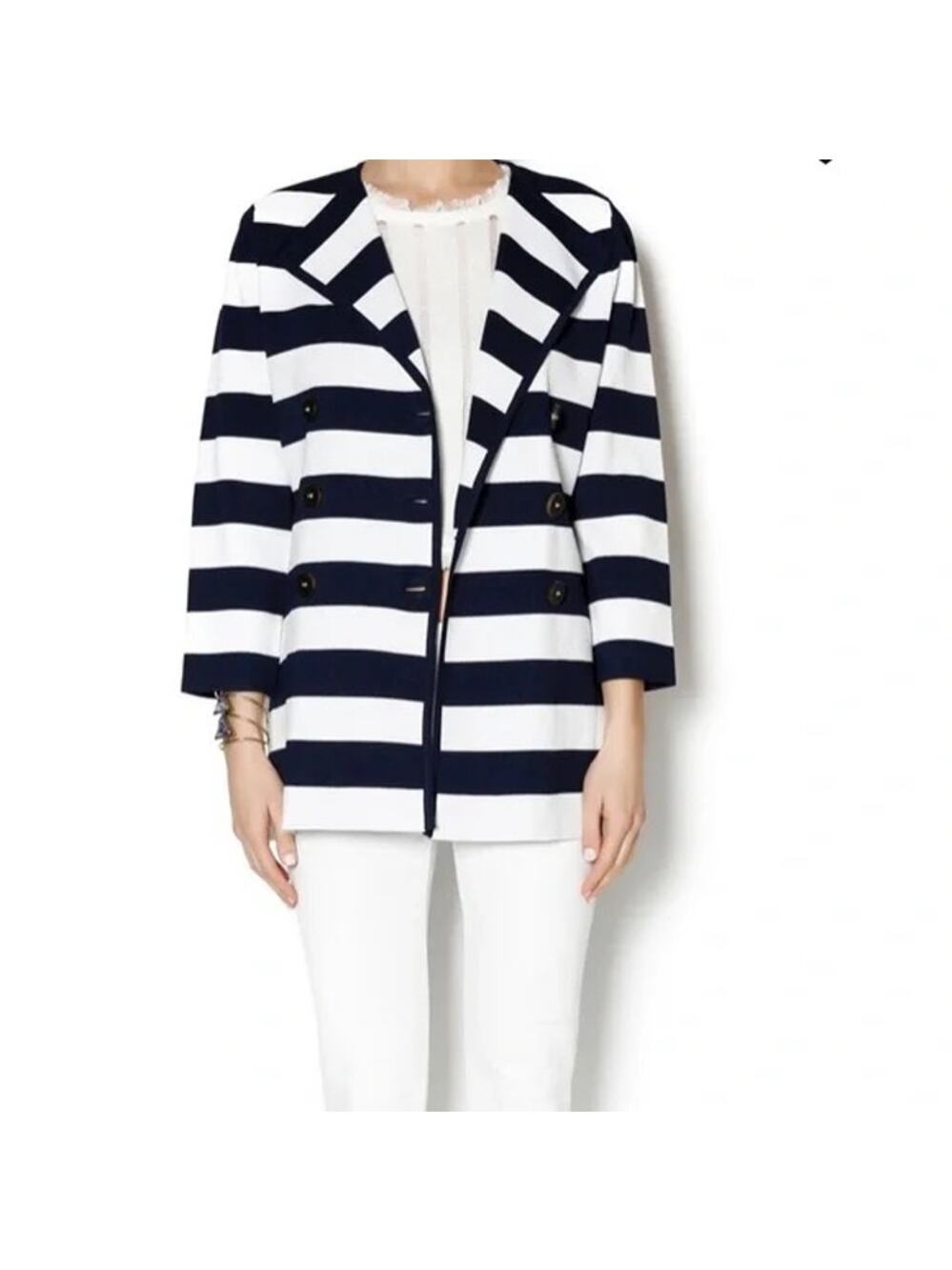 Luii | NWT Anthro Navy & White Stripe Thick Woven Knit Button Front Jacket